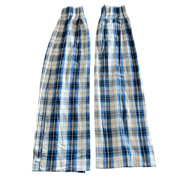 Vintage 70s 80s Curtains Blue Ivory Retro Plaid Pinch Pleat Panels Pair 34x50 - Picture 1 of 5